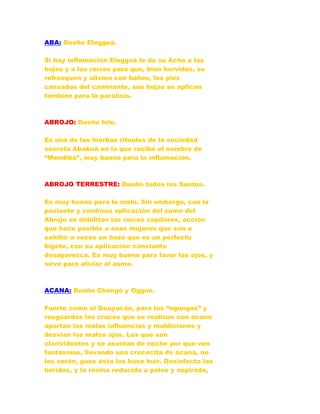 ABA: Dueño Elegguá.
Si hay inflamación Elegguá le da su Ache a las
hojas y a las raíces para que, bien hervidas, se
refresquen y alivien con baños, los pies
cansados del caminante, sus hojas se aplican
también para la parálisis.
ABROJO: Dueño Inle.
Es una de las hierbas rituales de la sociedad
secreta Abakuá en la que recibe el nombre de
“Mendibá”, muy buena para la inflamación.
ABROJO TERRESTRE: Dueño todos los Santos.
Es muy bueno para lo malo. Sin embargo, con la
paciente y continua aplicación del zumo del
Abrojo se debilitan las raíces capilares, acción
que hace posible a esas mujeres que son a
exhibir a veces un bozo que es un perfecto
bigote, con su aplicación constante
desaparezca. Es muy bueno para lavar los ojos, y
sirve para aliviar el asma.
ACANA: Dueño Changó y Oggun.
Fuerte como el Guayacán, para las “ngangas” y
resguardos las cruces que se realizan con ácana
apartan las malas influencias y maldiciones y
desvían los malos ojos. Los que son
clarividentes y se asustan de noche por que ven
fantasmas, llevando una crucecita de ácana, no
los verán, pues ésta los hace huir. Desinfecta las
heridas, y la resina reducida a polvo y aspirada,
 