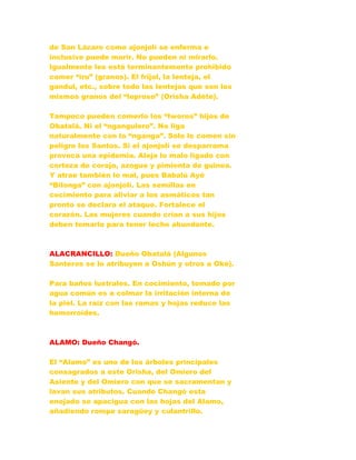 de San Lázaro come ajonjolí se enferma e
inclusive puede morir. No pueden ni mirarlo.
Igualmente les está terminantemente prohibido
comer “iru” (granos). El frijol, la lenteja, el
gandul, etc., sobre todo las lentejas que son los
mismos granos del “leproso” (Orisha Adéte).
Tampoco pueden comerlo los “Iworos” hijos de
Obatalá. Ni el “ngangulero”. No liga
naturalmente con la “nganga”. Sólo lo comen sin
peligro los Santos. Si el ajonjolí se desparrama
provoca una epidemia. Aleja lo malo ligado con
corteza de corojo, azogue y pimienta de guinea.
Y atrae también lo mal, pues Babalú Ayé
“Bilonga” con ajonjolí. Las semillas en
cocimiento para aliviar a los asmáticos tan
pronto se declara el ataque. Fortalece el
corazón. Las mujeres cuando crían a sus hijos
deben tomarlo para tener leche abundante.
ALACRANCILLO: Dueño Obatalá (Algunos
Santeros se lo atribuyen a Oshún y otros a Oké).
Para baños lustrales. En cocimiento, tomado por
agua común es a colmar la irritación interna de
la piel. La raíz con las ramas y hojas reduce las
hemorroides.
ALAMO: Dueño Changó.
El “Alamo” es uno de los árboles principales
consagrados a este Orisha, del Omiero del
Asiento y del Omiero con que se sacramentan y
lavan sus atributos. Cuando Changó esta
enojado se apacigua con las hojas del Alamo,
añadiendo rompe saragüey y culantrillo.
 