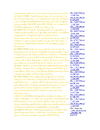necesitamos asistencia, pues todos se generaron a partir
de BABA ESHU. Nos obstante para dar una imagen de
que son los ona eshu , nos basaremos para ello tomando
como ejemplo los diferentes ona eshu establecidos para
la comunidad EGBE IFA de ODE REMO en el estado de
OGUN en Nigeria .Son 21 ona eshu y son :
1)ESHU ORO :Es el divino mensajero de la palabra, la
comunicación verbal, es la palabra que salva y la palabra
que perjudica. La palabra es la traducción del
pensamiento humano, es la comunicación entre todos los
hombres e incluso bajo ciertos estados de vibración, su
resonancia logra comunicarnos con los orishas, egun y
olodumare.
2)ESHU OPIN:Es el eshu que establece los límites de
espacios, que van desde los límites de una simple estera
o cuarto, hasta un limite territorial o frontera. También se
ocupa de los espacios de los llamados IGBO o forestas
consagrados a los diferentes orishas. De más estaría decir
los conflictos que en los llamados límites se crean.
3)ESHU ALAKETU:Este eshu esta firmemente asociado
al orisha oshun> Es el encargado de la sensualidad y la
sexualidad, del amor y también de la degeneración física
y moral que estos sentimientos originan.
4)ESHU ISHERI.Muy ligado por supuesto al orisha
osanyin, este eshu es el encargado de dar el ashe o el
poder benéfico o maléfico de las plantas. Este poder esta
estrechamente vinculado al roció del amanecer, por lo
que es en las horas matutinas donde se hace mas
conveniente recolectar los llamados ewe para sus
diferentes usos
.5)ESHU GOGO.Es el eshu de la justica, del pago y el
cobro. Del pago y el cobro de las deudas contraídas entre
los humanos y con los orishas. Quien paga se salva y
quien no lo hace recibirá el castigo de los adeudados o no
recibirá la ayuda de las divinidades invocadas.
6)ESHU WARA.Es el eshu encargado de las relaciones
personales, estructura la familia y la comunidad en
general. Es muy asociado con la CONFUSION.
Del 08/09/2008 al
14/09/2008
Del 01/09/2008 al
07/09/2008
Del 25/08/2008 al
31/08/2008
Del 11/08/2008 al
17/08/2008
Del 04/08/2008 al
10/08/2008
Del 14/07/2008 al
20/07/2008
Del 07/07/2008 al
13/07/2008
Del 30/06/2008 al
06/07/2008
Del 23/06/2008 al
29/06/2008
Del 16/06/2008 al
22/06/2008
Del 09/06/2008 al
15/06/2008
Del 26/05/2008 al
01/06/2008
Del 12/05/2008 al
18/05/2008
Del 14/04/2008 al
20/04/2008
Del 07/04/2008 al
13/04/2008
Del 31/03/2008 al
06/04/2008
Del 17/03/2008 al
23/03/2008
Del 18/02/2008 al
24/02/2008
Del 28/01/2008 al
03/02/2008
Del 21/01/2008 al
27/01/2008
Del 07/01/2008 al
13/01/2008
Mis categorías
Todos mis artículos
ARDIMU AL
SANTO
 