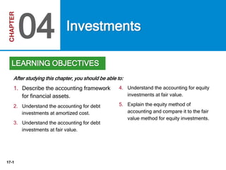 17-1
4. Understand the accounting for equity
investments at fair value.
5. Explain the equity method of
accounting and compare it to the fair
value method for equity investments.
After studying this chapter, you should be able to:
Investments
04
LEARNING OBJECTIVES
1. Describe the accounting framework
for financial assets.
2. Understand the accounting for debt
investments at amortized cost.
3. Understand the accounting for debt
investments at fair value.
 
