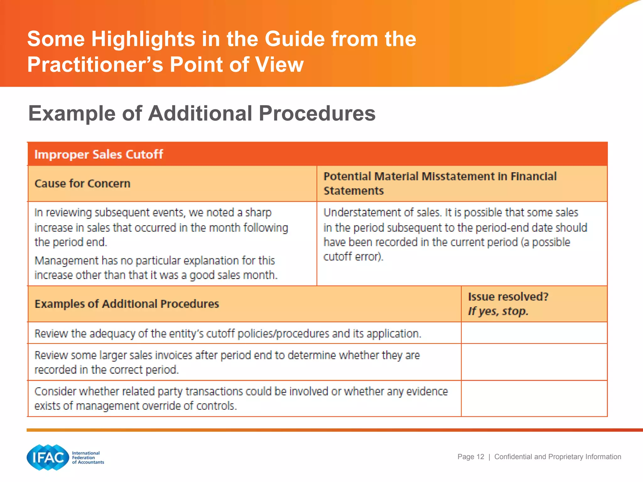 Some Highlights in the Guide from the
Practitioner’s Point of View
Example of Additional Procedures

Page 12 | Confidential and Proprietary Information

 