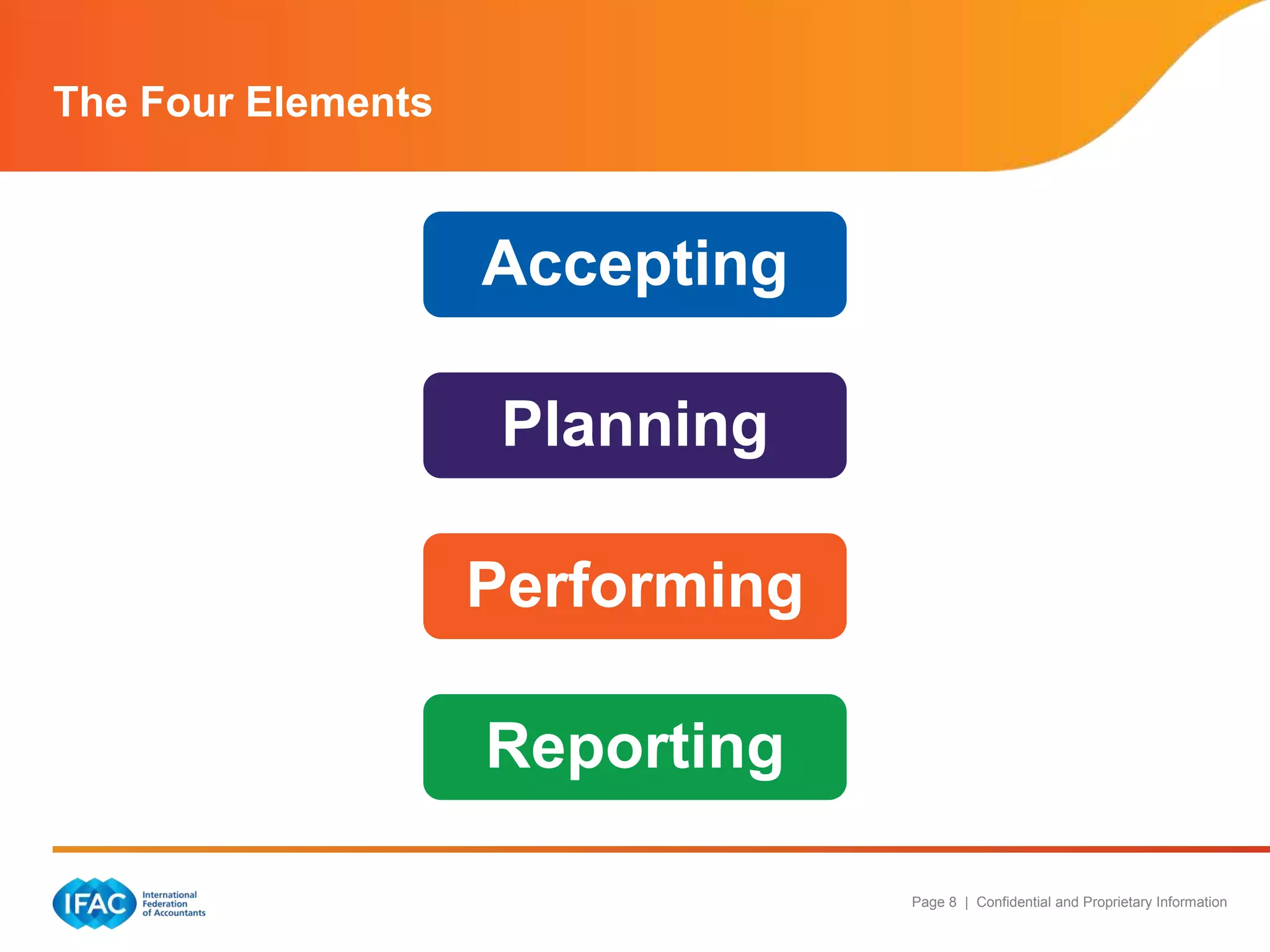 The Four Elements

Accepting
Planning
Performing
Reporting
Page 8 | Confidential and Proprietary Information

 