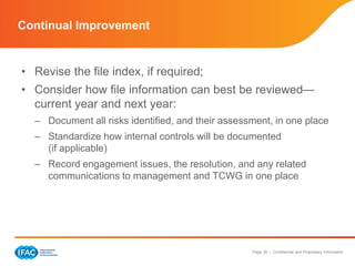 Page 36 | Confidential and Proprietary Information
• Revise the file index, if required;
• Consider how file information can best be reviewed—
current year and next year:
– Document all risks identified, and their assessment, in one place
– Standardize how internal controls will be documented
(if applicable)
– Record engagement issues, the resolution, and any related
communications to management and TCWG in one place
Continual Improvement
 