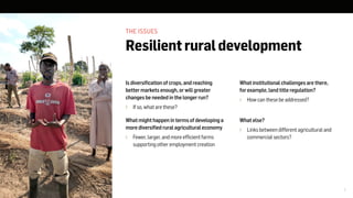 THE ISSUES
Resilient ruraldevelopment
Is diversification ofcrops, andreaching
bettermarkets enough, orwillgreater
changes beneededin thelongerrun?
	 Ifso, what arethese?
What might happen in termsofdevelopinga
morediversifiedrural agriculturaleconomy
	 Fewer, larger, andmoreefficientfarms
supportingother employmentcreation
Whatinstitutionalchallengesarethere,
forexample,landtitleregulation?
	 Howcanthesebeaddressed?
Whatelse?
	 Linksbetweendifferentagriculturaland
commercialsectors?
5
 