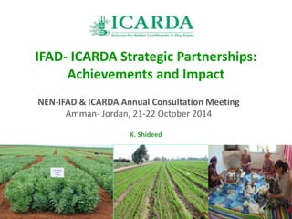 IFAD- ICARDA Strategic Partnerships: 
Achievements and Impact 
NEN-IFAD & ICARDA Annual Consultation Meeting 
Amman- Jordan, 21-22 October 2014 
K. Shideed 
 