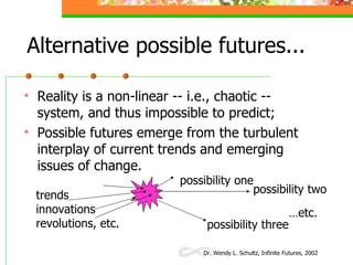 Alternative  possible  futures... <ul><li>Reality is a non-linear --  i .e., chaotic -- system, and thus impossible to pre...