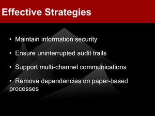 Effective Strategies

 • Maintain information security

 • Ensure uninterrupted audit trails

 • Support multi-channel communications

 • Remove dependencies on paper-based
 processes
 