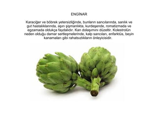 ENGİNAR
Karaciğer ve böbrek yetersizliğinde, bunların sancılarında, sarılık ve
gut hastalıklarında, aşırı şişmanlıkta, kurdeşende, romatizmada ve
egzamada oldukça faydalıdır. Kan dolaşımını düzeltir. Kolestrolün
neden olduğu damar sertleşmelerinde, kalp sancıları, enfarktüs, beyin
kanamaları gibi rahatsızlıkların önleyicisidir.

 