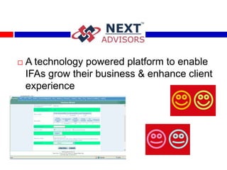    A technology powered platform to enable
    IFAs grow their business & enhance client
    experience
 