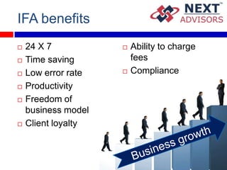 IFA benefits
   24 X 7              Ability to charge
   Time saving          fees
   Low error rate      Compliance
   Productivity
   Freedom of
    business model
   Client loyalty
 