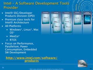 Intel – A Software Development Tools
 Provider
• Intel® SSG/Developer
  Products Division (DPD)
• Premium class tools for
  Intel® Architecture
• All Platforms
   • Windows*, Linux*, Mac
      OS*
   • MeeGo*
   • RTOS
• Focus on Performance,
  Parallelism, Power
  Consumption, Embedded
  SW Development

     http://www.intel.com/software/
               products

33
                   *Other names and brands may be claimed as the property of others.   33
 