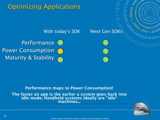 Optimizing Applications


                     With today‘s SDK                              Next Gen SDKs

       Performance
Power Consumption
 Maturity & Stability




            Performance maps to Power Consumption!
      The faster an app is the earlier a system goes back into
          idle mode. Handheld systems ideally are “idle“
                             machines...


35
                        *Other names and brands may be claimed as the property of others.
 