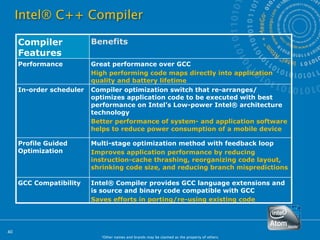 Intel® C++ Compiler

     Compiler             Benefits
     Features
     Performance          Great performance over GCC
                          High performing code maps directly into application
                          quality and battery lifetime
     In-order scheduler   Compiler optimization switch that re-arranges/
                          optimizes application code to be executed with best
                          performance on Intel’s Low-power Intel® architecture
                          technology
                          Better performance of system- and application software
                          helps to reduce power consumption of a mobile device

     Profile Guided       Multi-stage optimization method with feedback loop
     Optimization         Improves application performance by reducing
                          instruction-cache thrashing, reorganizing code layout,
                          shrinking code size, and reducing branch mispredictions

     GCC Compatibility    Intel® Compiler provides GCC language extensions and
                          is source and binary code compatible with GCC
                          Saves efforts in porting/re-using existing code




40
                            *Other names and brands may be claimed as the property of others.
 