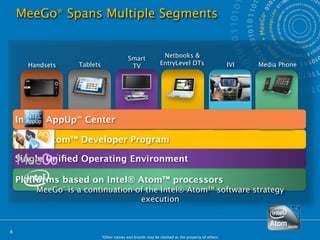 MeeGo* Spans Multiple Segments


                                          Smart              Netbooks &
      Handsets    Tablets                  TV               EntryLevel DTs                      IVI   Media Phone




    Intel® AppUp Center
                  SM




    Intel® Atom™ Developer Program

    Single Uniﬁed Operating Environment

    Platforms based on Intel® Atom™ processors
        MeeGo* is a continuation of the Intel® Atom™ software strategy
                                  execution


8
                            *Other names and brands may be claimed as the property of others.
 