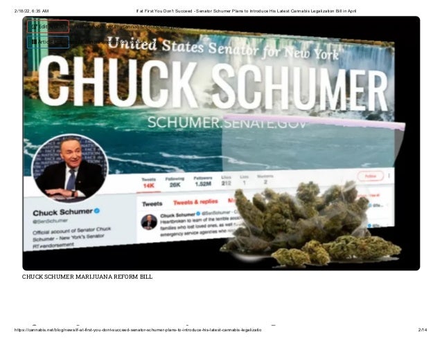 2/18/22, 6:35 AM If at First You Don't Succeed - Senator Schumer Plans to Introduce His Latest Cannabis Legalization Bill in April
https://cannabis.net/blog/news/if-at-first-you-dont-succeed-senator-schumer-plans-to-introduce-his-latest-cannabis-legalizatio 2/14
CHUCK SCHUMER MARIJUANA REFORM BILL
f i ' d
 Edit Article (https://cannabis.net/mycannabis/c-blog-entry/update/if-at-first-you-dont-succeed-senator-schumer-plans-to-introduce-his-latest-cannabis-legalizatio)
 Article List (https://cannabis.net/mycannabis/c-blog)
 
