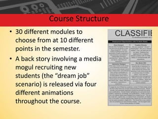 Course Structure
• 30 different modules to
choose from at 10 different
points in the semester.
• A back story involving a media
mogul recruiting new
students (the “dream job”
scenario) is released via four
different animations
throughout the course.

 