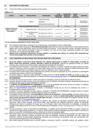 10. DAS FASES DO CONCURSO.
10.1 O Concurso Público constará das seguintes provas e fases:
TABELA 10.1
CARGO FASE TIPO DE PROVA DISCIPLINAS
Nº DE
QUESTÕES
(PONTOS)
VALOR POR
QUESTÃO
(PONTOS)
VALOR
TOTAL
(PONTOS)
CARÁTER
Professor do Ensino
Básico, Técnico e
Tecnológico (1)
1ª Objetiva
Língua Portuguesa 10 1 10
Eliminatório e
Classificatório
Legislação 10 1 10
Conhecimentos Específicos 30 1 30
TOTAL DE QUESTÕES E PONTOS 50 --------------- 50 ---------------
2ª Prática Discursiva De acordo com o item 12 --------------- --------------- 100
Eliminatório e
Classificatório
3ª
Prova de Desempenho
Didático
De acordo com o item 13 --------------- --------------- 150
Eliminatório e
Classificatório
4ª Prova de Títulos De acordo com o item 14 --------------- --------------- 46 Classificatório
TOTAL MÁXIMO DE PONTOS --------------- --------------- 346
(1)
Ver os conteúdos programáticos no Anexo I deste edital.
10.2 Os conteúdos programáticos referentes à prova objetiva são os constantes do Anexo I deste Edital.
10.3 A prova objetiva será composta de 50 (cinquenta) questões distribuídas por áreas de conhecimento. Cada questão da prova
objetiva terá 5 (cinco) alternativas, sendo que cada questão terá apenas 1 (uma) alternativa correta, pontuadas conforme a
Tabela 10.1. Será atribuída pontuação 0 (zero) às questões com mais de uma opção assinalada, questões sem opção
assinalada, com rasuras ou preenchidas a lápis.
10.4 Apenas será considerado classificado na prova objetiva o candidato que obtiver, no mínimo, 50% (cinquenta por
cento) da pontuação total prevista na prova objetiva.
11. DAS CONDIÇÕES DE REALIZAÇÃO DAS PROVAS OBJETIVA E DISCURSIVA.
11.1 As provas objetiva e discursiva serão aplicadas nas cidades relacionadas na Tabela 5.1 deste Edital, no Estado da
Bahia, sendo elas: Barreiras, Juazeiro, Salvador e Vitória da Conquista, podendo ser aplicadas também em cidades
vizinhas, caso o número de inscritos exceda a capacidade de alocação dos municípios.
11.1.1 O candidato deverá selecionar no Formulário de Solicitação de Inscrição, ou Isenção, a cidade que deseja realizar as provas
objetiva e discursiva, conforme subitem 5.4 deste Edital, sendo que não poderá ser alterada a cidade selecionada, assim
como não será permitido ao candidato realizar as provas em desacordo com a cidade escolhida.
11.1.2 O Instituto AOCP poderá utilizar sala(s) existentes e/ou extra(s) nos locais de aplicação da prova, alocando ou remanejando
candidatos para essa(s), conforme as necessidades.
11.2 As provas objetiva e discursiva serão aplicadas na data provável de 23 de outubro de 2016, em horário e local a ser
informado através de edital disponibilizado no endereço eletrônico www.institutoaocp.org.br e no CARTÃO DE INFORMAÇÃO
DO CANDIDATO.
11.2.1 O horário de início das provas será o mesmo para todos os candidatos, ainda que realizadas em diferentes locais.
11.2.2 Havendo alteração da data prevista, as provas poderão ocorrer em sábados, domingos e feriados. Despesas provenientes da
alteração de data serão de responsabilidade do candidato.
11.3 O CARTÃO DE INFORMAÇÃO DO CANDIDATO com o local de realização das provas deverá ser emitido no endereço
eletrônico www.institutoaocp.org.br a partir de 04 de outubro de 2016.
11.3.1 Serão de responsabilidade exclusiva do candidato a identificação correta de seu local de realização das provas e o
comparecimento no horário determinado.
11.4 A cidade e o local de realização da prova objetiva, constante no CARTÃO DE INFORMAÇÃO, divulgado conforme subitens
anteriores, não serão alterados em hipótese alguma a pedido do candidato.
11.5 O candidato deverá comparecer com antecedência mínima de 45 (quarenta e cinco) minutos do horário fixado para o
fechamento do portão de acesso ao local de realização das provas, munido de caneta esferográfica transparente de tinta
azul ou preta, seu documento oficial de identificação com foto e o Cartão de Informação do Candidato, impresso através
do endereço eletrônico www.institutoaocp.org.br.
11.5.1 São considerados documentos de identidade as carteiras e/ou cédulas de identidade expedidas pelas Secretarias de
Segurança, pelas Forças Armadas, pela Polícia Militar, pelo Ministério das Relações Exteriores, cédulas de identidade
fornecidas por ordens e conselhos de classe, que, por lei federal, valem como documento de identidade, a Carteira de
Trabalho e Previdência Social, bem como a Carteira Nacional de Habilitação com foto, nos termos da Lei nº 9.503, art. 159, de
23/9/97.
11.5.2 No caso de perda ou roubo do documento de identificação, o candidato deverá apresentar certidão que ateste o registro da
ocorrência em órgão policial expedida há, no máximo, 30 (trinta) dias da data da realização das provas objetiva e discursiva e,
ainda, ser submetido à identificação especial, consistindo na coleta de impressão digital.
11.5.3 Não serão aceitos como documentos de identidade protocolos de solicitação de documentos, certidões de nascimento e de
casamento, títulos eleitorais, carteiras funcionais sem valor de identidade, Carteira de Habilitação sem foto, carteira de
estudante, Carteiras de Agremiações Desportivas, fotocópias dos documentos de identidade, ainda que autenticadas, bem
como documentos ilegíveis e/ou não identificáveis.
11.6 Não haverá segunda chamada para as provas objetiva e discursiva, ficando o candidato ausente, por qualquer motivo,
_________________________________________________________________________________________________________________________
Edital de Abertura nº 04/2016 – Instituo Federal de Educação, Ciência e Tecnologia da Bahia | Página 12 de 24
 