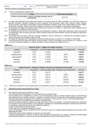 Turismo DE(1)
459.1
Graduação em Turismo ou Curso Superior de Tecnologia em
Gestão de Turismo.
1 0 0
(1)
40 horas semanais com dedicação exclusiva.
2.2 A taxa de inscrição terá o seguinte valor:
Cargo Valor da taxa de inscrição
Professor do Ensino Básico, Técnico e Tecnológico (Qualquer área de
conhecimento)
R$ 150,00
2.3 As vagas disponibilizadas neste edital serão lotadas nos diversos campi do IFBA, localizados nos municípios baianos de
Barreiras, Brumado, Camaçari, Euclides da Cunha, Eunápolis, Feira de Santana, Ilhéus, Irecê, Jacobina, Jequié, Juazeiro,
Lauro de Freitas, Paulo Afonso, Porto Seguro, Salinas da Margarida, Salvador, Santo Amaro, Santo Antônio de Jesus, Seabra,
Simões Filho, Ubaitaba, Valença e Vitoria da Conquista, de acordo com a necessidade e conveniência da instituição.
2.3.1 As localidades de lotação das referidas vagas, distribuídas de acordo com a Tabela 2.1 deste edital, serão divulgadas após a
homologação do resultado final deste concurso.
2.3.2 O candidato aprovado dentro do número de vagas disponibilizadas na Tabela 2.1 deste edital, observada a ordem decrescente
de classificação, será convocado para optar, dentre as opções disponíveis, pela localidade (campus) de lotação da vaga para a
qual concorreu.
2.3.3 O candidato que se recusar a optar por uma das localidades (campus) disponíveis no momento da convocação perderá o
direito à escolha e será nomeado a critério do IFBA.
2.4 As cidades de realização das Provas Objetiva e Discursiva estão descritas no subitem 5.4, na Tabela 5.1 deste edital.
2.5 A remuneração inicial do cargo de Professor do Ensino Básico, Técnico e Tecnológico varia de acordo com a classe e o nível
da carreira, a titulação acadêmica e o regime de trabalho, conforme disposto nas Tabelas 2.2 e 2.3.
TABELA 2.2
Classe D-I, Nível 1 – Regime de Trabalho: 20 horas
Titulação Classe/Nível Vencimento Básico (R$) Retribuição por Titulação (R$) Total (R$)
Graduação D1/01 2.129,80 --- 2.129,80
Aperfeiçoamento D1/01 2.129,80 90,90 2.220,70
Especialização D1/01 2.129,80 163,61 2.293,41
Mestrado D1/01 2.129,80 506,41 2.636,21
Doutorado D1/01 2.129,80 1.017,89 3.147,69
TABELA 2.3
Classe D-I, Nível 1 – Regime de Trabalho: 40 horas com dedicação exclusiva (DE)
Titulação Classe/Nível Vencimento Básico (R$) Retribuição por Titulação (R$) Total (R$)
Graduação D1/01 4.234,77 --- 4.234,77
Aperfeiçoamento D1/01 4.234,77 372,39 4.607,16
Especialização D1/01 4.234,77 650,76 4.885,53
Mestrado D1/01 4.234,77 2.038,24 6.273,01
Doutorado D1/01 4.234,77 4.879,90 9.114,67
2.5.1 Poderão ser acrescidos à remuneração valores correspondentes a auxílios e adicionais previstos na legislação vigente.
3. REQUISITOS PARA INVESTIDURA NO CARGO.
3.1 São requisitos básicos para investidura no cargo:
a) ter sido aprovado e classificado no concurso público de que trata este edital;
b) ser brasileiro nato ou naturalizado ou, ainda, no caso de estrangeiro, estar com situação regular no país, por intermédio de
visto permanente que o habilite, inclusive, a trabalhar no território nacional. No caso de ter nacionalidade portuguesa, estar
amparado pelo estatuto de igualdade entre brasileiros e portugueses, nos termos do § 1º do art. 12 da Constituição Federal;
c) ter idade mínima de 18 (dezoito) anos completos na data da posse;
d) possuir formação acadêmica exigida para a vaga concorrida, nos termos da Tabela 2.1 deste edital (diplomas ou certificados
de conclusão de cursos de graduação ou pós-graduação, expedidos por universidades estrangeiras, deverão estar devidamen-
te revalidados e registrados de acordo com a legislação brasileira);
e) estar em pleno gozo dos direitos políticos;
f) estar quite com as obrigações eleitorais e militares;
g) ser considerado apto física e mentalmente para o exercício do cargo, em inspeção médica realizada por junta médica oficial
designada pelo IFBA;
h) não haver sofrido sanção impeditiva do exercício de cargo público;
i) declarar expressamente o exercício ou não de cargo, emprego ou função pública nos órgãos e entidades da administração
pública federal, estadual ou municipal, para fins de verificação de eventual acúmulo ilegal de cargos;
_________________________________________________________________________________________________________________________
Edital de Abertura nº 04/2016 – Instituo Federal de Educação, Ciência e Tecnologia da Bahia | Página 6 de 24
 