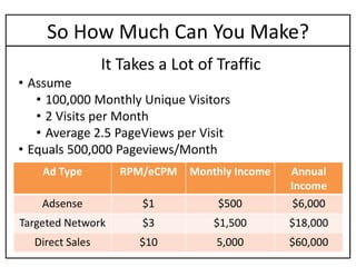 So How Much Can You Make?
                 It Takes a Lot of Traffic
• Assume
   • 100,000 Monthly Unique Visitors
   • 2 Visits per Month
   • Average 2.5 PageViews per Visit
• Equals 500,000 Pageviews/Month
    Ad Type        RPM/eCPM   Monthly Income   Annual
                                               Income
    Adsense            $1          $500         $6,000
Targeted Network       $3         $1,500       $18,000
  Direct Sales         $10         5,000       $60,000
 
