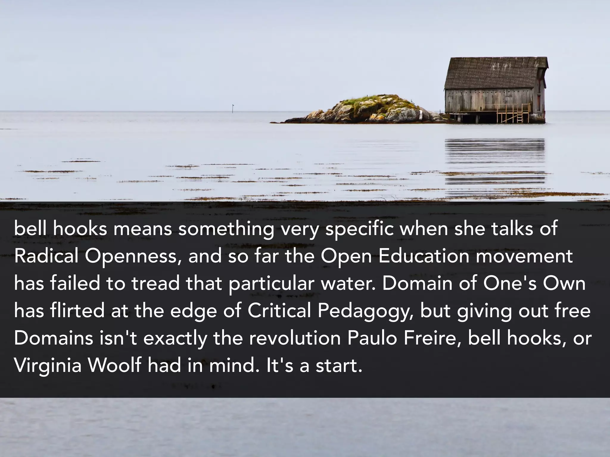 bell hooks means something very specific when she talks of
Radical Openness, and so far the Open Education movement
has failed to tread that particular water. Domain of One's Own
has flirted at the edge of Critical Pedagogy, but giving out free
Domains isn't exactly the revolution Paulo Freire, bell hooks, or
Virginia Woolf had in mind. It's a start.
 