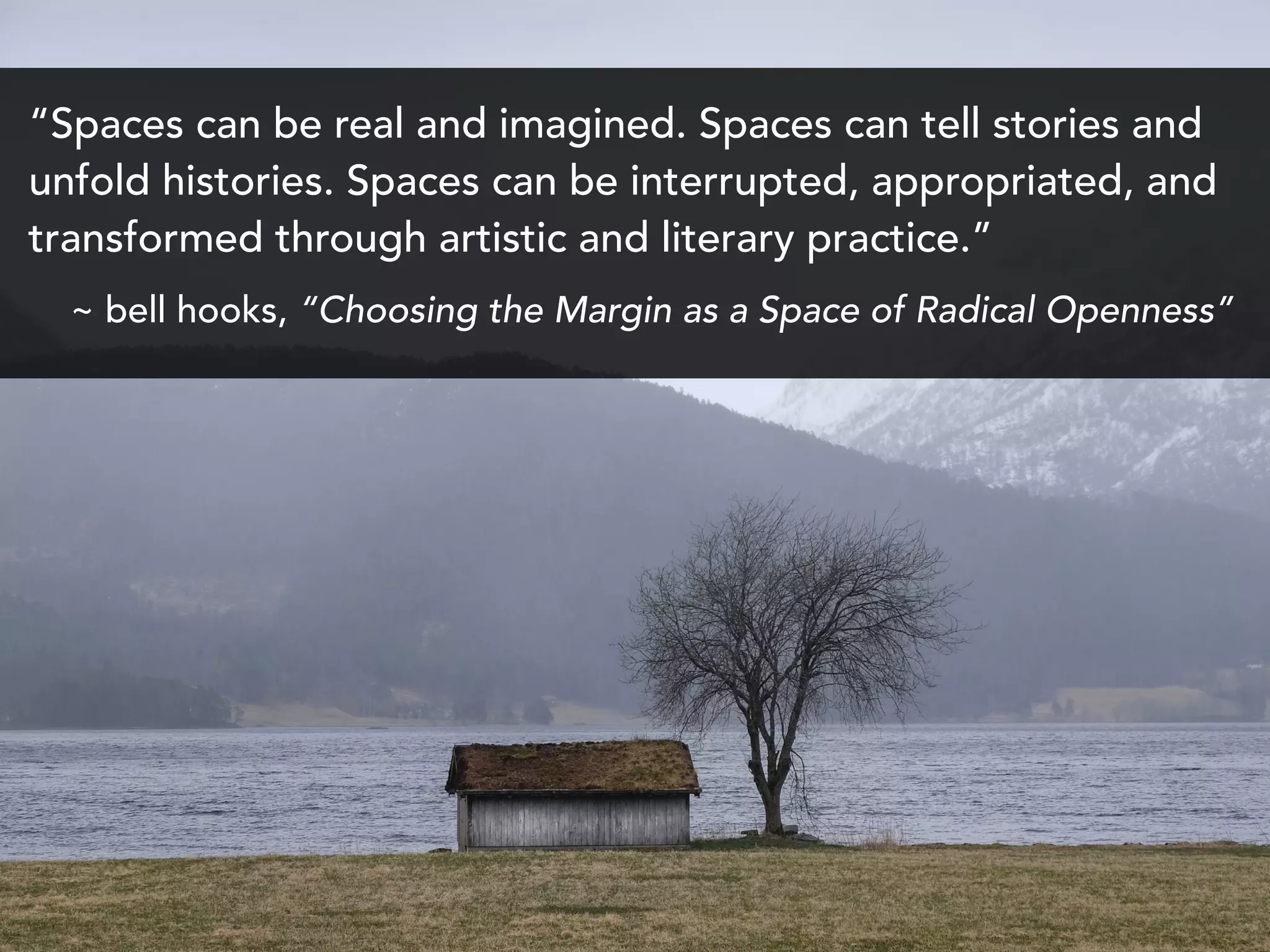 “Spaces can be real and imagined. Spaces can tell stories and
unfold histories. Spaces can be interrupted, appropriated, and
transformed through artistic and literary practice.”
~ bell hooks, “Choosing the Margin as a Space of Radical Openness”
 