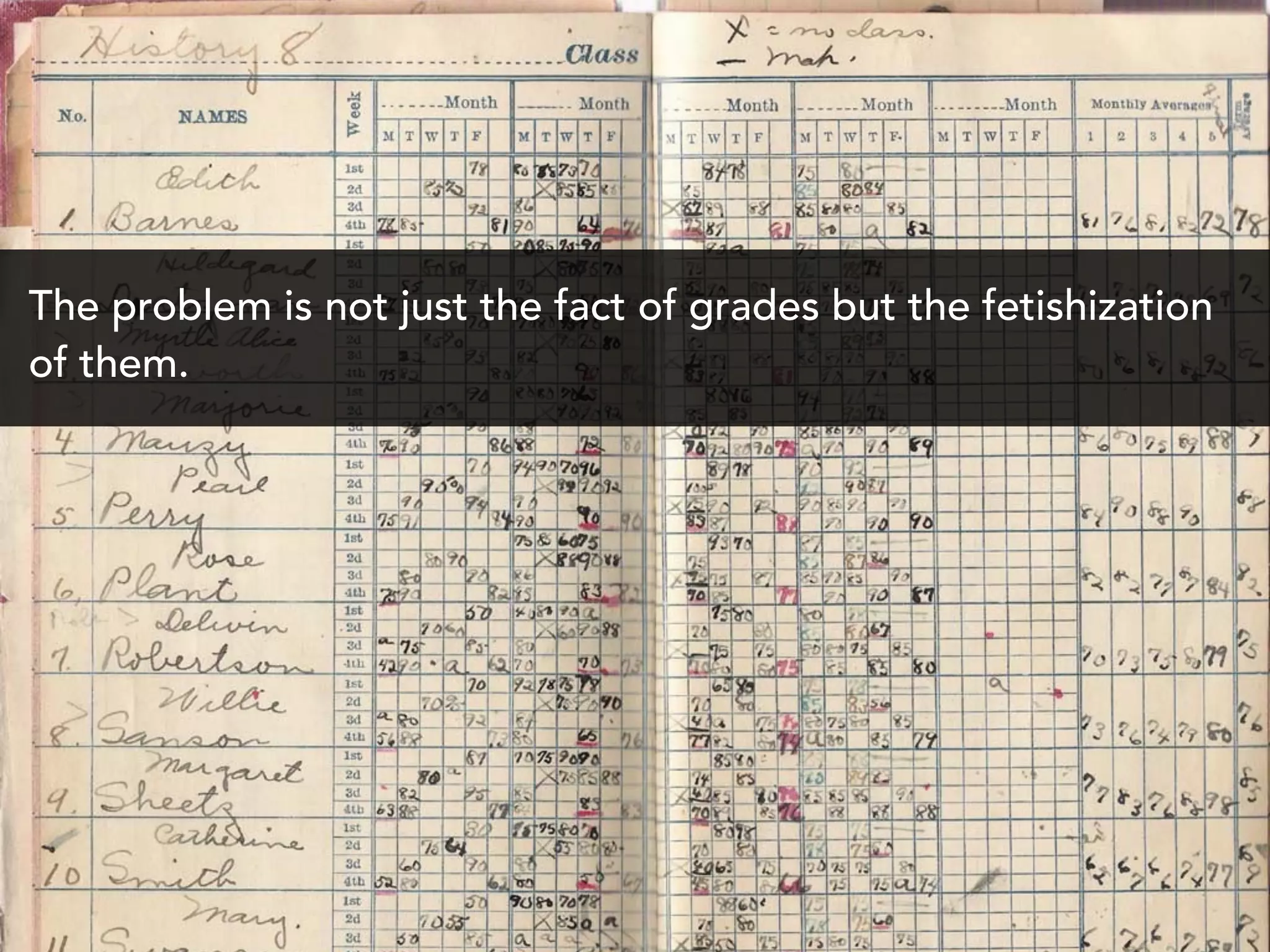 The problem is not just the fact of grades but the fetishization
of them.
 