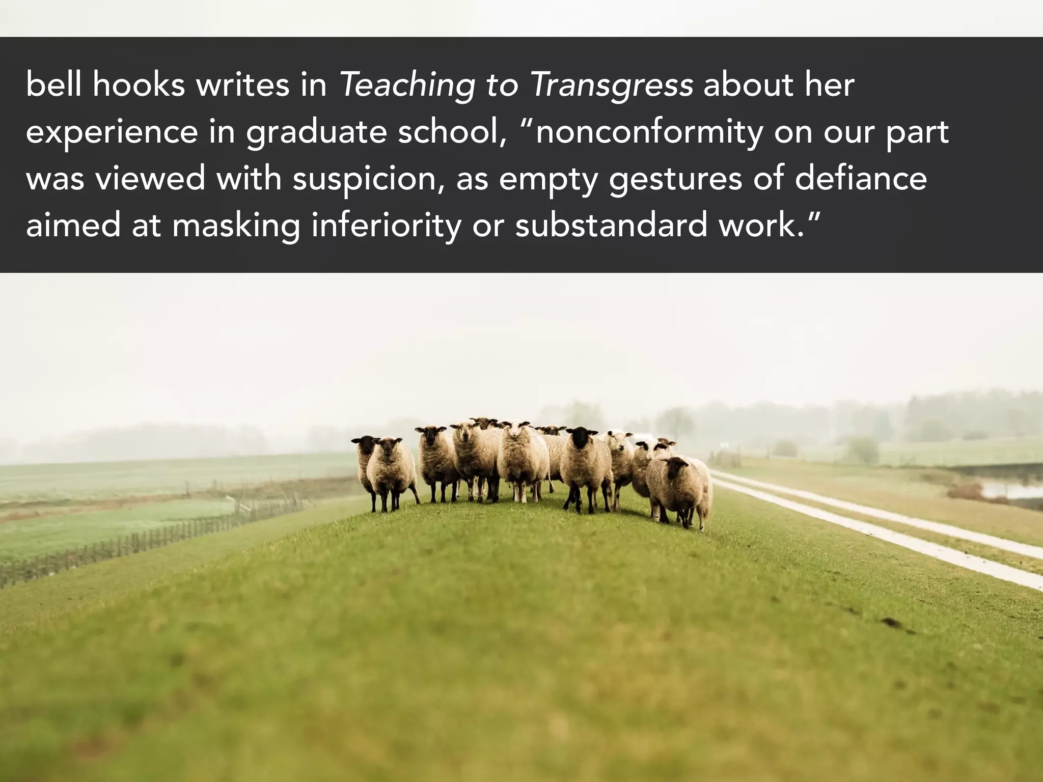 bell hooks writes in Teaching to Transgress about her
experience in graduate school, “nonconformity on our part
was viewed with suspicion, as empty gestures of defiance
aimed at masking inferiority or substandard work.”
 