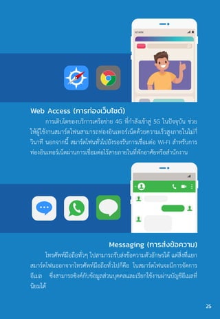 Web Access (การท่องเว็บไซต์)
การเติบโตของบริการเครือข่าย 4G ที่ก�ำลังเข้าสู่ 5G ในปัจจุบัน ช่วย
ให้ผู้ใช้งานสมาร์ตโฟนสามารถท่องอินเทอร์เน็ตด้วยความเร็วสูงภายในไม่กี่
วินาที นอกจากนี้ สมาร์ตโฟนทั่วไปยังรองรับการเชื่อมต่อ Wi-Fi ส�ำหรับการ
ท่องอินเทอร์เน็ตผ่านการเชื่อมต่อไร้สายภายในที่พักอาศัยหรือส�ำนักงาน
Messaging (การส่งข้อความ)
โทรศัพท์มือถือทั่วๆ ไปสามารถรับส่งข้อความตัวอักษรได้ แต่สิ่งที่แยก
สมาร์ตโฟนออกจากโทรศัพท์มือถือทั่วไปก็คือ ในสมาร์ตโฟนจะมีการจัดการ
อีเมล ซึ่งสามารถซิงค์กับข้อมูลส่วนบุคคลและเรียกใช้งานผ่านบัญชีอีเมลที่
นิยมได้
25
 
