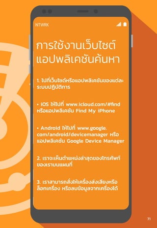 การใช้งานเว็บไซต์
แอปพลิเคชันค้นหา
1. ไปที่เว็บไซต์หรือแอปพลิเคชันของแต่ละ
ระบบปฏิบัติการ
• iOS ให้ไปที่ www.icloud.com/#find
หรือแอปพลิเคชัน Find My iPhone
• Android ให้ไปที่ www.google.
com/android/devicemanager หรือ
แอปพลิเคชัน Google Device Manager
2. เราจะเห็นต�ำแหน่งล่าสุดของโทรศัพท์
ของเราบนแผนที่
3. เราสามารถสั่งให้เครื่องส่งเสียงหรือ
ล็อกเครื่อง หรือลบข้อมูลจากเครื่องได้
71
 