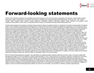 24
Forward-looking statements
Certain of the statements included in this presentation about the Company’s current and future plans, expectations and intentions, results, levels of activity,
performance, goals or achievements or any other future events or developments constitute forward-looking statements. The words “may”, “will”, “would”,
“should”, “could”, “expects”, “plans”, “intends”, “trends”, “indications”, “anticipates”, “believes”, “estimates”, “predicts”, “likely”, “potential” or the negative or other
variations of these words or other similar or comparable words or phrases, are intended to identify forward-looking statements.
Forward-looking statements are based on estimates and assumptions made by management based on management’s experience and perception of historical
trends, current conditions and expected future developments, as well as other factors that management believes are appropriate in the circumstances. Many
factors could cause the Company’s actual results, performance or achievements or future events or developments to differ materially from those expressed or
implied by the forward-looking statements, including, without limitation, the following factors: the Company’s ability to implement its strategy or operate its
business as management currently expects; its ability to accurately assess the risks associated with the insurance policies that the Company writes;
unfavourable capital market developments or other factors which may affect the Company’s investments and funding obligations under its pension plans; the
cyclical nature of the P&C insurance industry; management’s ability to accurately predict future claims frequency and severity, including evaluation of losses
relating to the Fort McMurray wildfires; government regulations designed to protect policyholders and creditors rather than investors; litigation and regulatory
actions; periodic negative publicity regarding the insurance industry; intense competition; the Company’s reliance on brokers and third parties to sell its
products to clients; the Company’s ability to successfully pursue its acquisition strategy; the Company’s ability to execute its business strategy; the Company’s
ability to achieve synergies arising from successful integration plans relating to acquisitions, including its acquisition of Canadian Direct Insurance Inc. (“CDI”),
as well as management's estimates and expectations in relation to resulting accretion, internal rate of return and debt-to-capital ratio; the Company’s
participation in the Facility Association (a mandatory pooling arrangement among all industry participants) and similar mandated risk-sharing pools; terrorist
attacks and ensuing events; the occurrence of catastrophe events, including a major earthquake; the Company’s ability to maintain its financial strength and
issuer credit ratings; access to debt financing and the Company's ability to compete for large commercial business; the Company’s ability to alleviate risk
through reinsurance; the Company’s ability to successfully manage credit risk (including credit risk related to the financial health of reinsurers); the Company’s
ability to contain fraud and/or abuse, the Company’s reliance on information technology and telecommunications systems and potential failure of or disruption
to those systems, including evolving cyber-attack risk; the Company’s dependence on key employees; changes in laws or regulations; general economic,
financial and political conditions; the Company’s dependence on the results of operations of its subsidiaries; the volatility of the stock market and other factors
affecting the Company’s share price; and future sales of a substantial number of its common shares.
All of the forward-looking statements included in this presentation are qualified by these cautionary statements and those made in the section entitled Risk
Management at page 37 to 53 of our MD&A for the year ended December 31, 2015. These factors are not intended to represent a complete list of the factors
that could affect the Company. These factors should, however, be considered carefully. Although the forward-looking statements are based upon what
management believes to be reasonable assumptions, the Company cannot assure investors that actual results will be consistent with these forward-looking
statements. When relying on forward-looking statements to make decisions, investors should ensure the preceding information is carefully considered. Undue
reliance should not be placed on forward-looking statements made herein. The Company and management have no intention and undertake no obligation to
update or revise any forward-looking statements, whether as a result of new information, future events or otherwise, except as required by law.
 