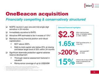 11
OneBeacon acquisition
Financially compelling & conservatively structured
NOIPS neutral in year one and mid-single digit
accretive in 24 months
Immediately accretive to BVPS
Attractive IRR estimated to be in excess of 15%1
Maintains strong financial position and robust
capitalization:
MCT above 200%
Debt-to-total capital ratio below 25% at closing
and below target level of 20% within 24 months
Significant downside protection against adverse
reserve development
Thorough reserve assessment factored in
valuation
Reinsurance coverage of up to US$200M
1 Internal rate of return based on equity returns per proposed financing plan.
2 Purchase price based on 94.041mm outstanding shares as at March 31, 2017
3 Price to book value based on book value as at March 31, 2017.
4 Price to earnings based on consolidated earnings for year ended December 31, 2016
Selected financial highlights
billion total purchase
price, in Canadian dollars,
or US$1.7 billion2.
$2.3
P/BV3 purchase price, or
15.8x P/E4.
1.65x
estimated MCT
at close.
>200%
internal rate of return (IRR)
target is expected to be
exceeded.
15%
 