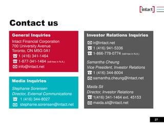 27
Contact us
Media Inquiries
Stephanie Sorensen
Director, External Communications
1 (416) 344-8027
stephanie.sorensen@intact.net
General Inquiries
Intact Financial Corporation
700 University Avenue
Toronto, ON M5G 0A1
1 (416) 341-1464
1-877-341-1464 (toll-free in N.A.)
info@intact.net
Investor Relations Inquiries
ir@intact.net
1 (416) 941-5336
1-866-778-0774 (toll-free in N.A.)
Samantha Cheung
Vice President, Investor Relations
1 (416) 344-8004
samantha.cheung@intact.net
Maida Sit
Director, Investor Relations
1(416) 341-1464 ext. 45153
maida.sit@intact.net
 