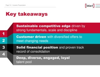 Key takeaways
2
3
4
1
Deep, diverse, engaged, loyal
talent pool
Solid financial position and proven track
record of consolidation
Sustainable competitive edge driven by
strong fundamentals, scale and discipline
Customer driven with diversified offers to
meet changing needs
Investor PresentationPage 14 |
 