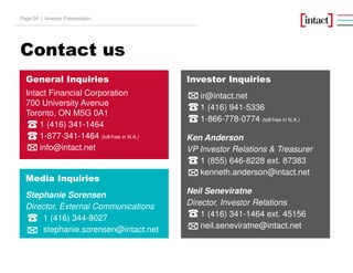 Contact us
Media Inquiries
Stephanie Sorensen
Director, External Communications
1 (416) 344-8027
stephanie.sorensen@intact.net
General Inquiries
Intact Financial Corporation
700 University Avenue
Toronto, ON M5G 0A1
1 (416) 341-1464
1-877-341-1464 (toll-free in N.A.)
info@intact.net
Investor Inquiries
ir@intact.net
1 (416) 941-5336
1-866-778-0774 (toll-free in N.A.)
Ken Anderson
VP Investor Relations & Treasurer
1 (855) 646-8228 ext. 87383
kenneth.anderson@intact.net
Neil Seneviratne
Director, Investor Relations
1 (416) 341-1464 ext. 45156
neil.seneviratne@intact.net
Investor PresentationPage 24 |
 