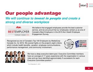 10
Our people advantage
Recognized as one of Canada’s Top 100 Employers by MediaCorp
Canada Inc. for 2016. We scored highly on the project’s eight criteria
which include health benefits, vacation, employee communications,
performance management, and community involvement.
We believe that engaged employees provide the best customer
service, and we are proud that our employees ranked us as one of
Canada’s Best Employers in the 2015 Aon Hewitt Employee
Engagement Survey.
We have a deep executive talent pool. Executive Committee members
have an average of 17 years experience with the organization in various
roles and we have identified approximately 5 successors for each
Executive Committee position.*
We will continue to invest in people and create a
strong and diverse workplace
* As of December 31, 2015
 