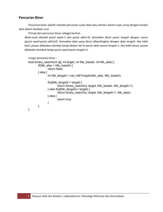 3 Disusun oleh tim Asisten | Laboratorium Teknologi Informasi dan Komunikasi
Pencarian Biner
Pencarian biner adalah metode pencarian suatu data atau elemen dalam suatu array dengan kondisi
data dalam keadaan urut.
Prinsip dari pencarian biner sebagai berikut :
Mula-mula diambil posisi awal=1 dan posisi akhir=N, kemudian dicari posisi tengah dengan rumus
(posisi awal+posisi akhir)/2. Kemudian data yang dicari dibandingkan dengan data tengah. Jika lebih
kecil, proses dilakukan kembali tetapi dalam hal ini posisi akhir=posisi tengah-1. Jika lebih besar, proses
dilakukan kembali tetapi posisi awal=posisi tengah+1.
Fungsi pencarian biner :
bool binary_search(int a[], int target, int titik_bawah, int titik_atas) {
if(titik_atas < titik_bawah) {
return false;
} else {
int titik_tengah = cari_titikTengah(titik_atas, titik_bawah);
if(a[titik_tengah] > target) {
return binary_search(a, target, titik_bawah, titik_tengah-1);
} else if(a[titik_tengah] < target) {
return binary_search(a, target, titik_tengah+1, titik_atas);
} else {
return true;
}
}
}
 