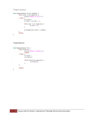 4 Disusun oleh tim Asisten | Laboratorium Teknologi Informasi dan Komunikasi
Fungsi enqueue :
Fungsi Dequeue :
 
