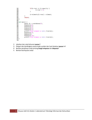 6 Disusun oleh tim Asisten | Laboratorium Teknologi Informasi dan Komunikasi
2. Jalankan dan catat keluaran queue !
3. Pelajari dan bandingkan antara kode sumber dan hasil eksekusi queue ini!
4. Berikan penjelasan anda tentang fungsi enqueue dan dequeue!
5. Berikan kesimpulan anda!
 