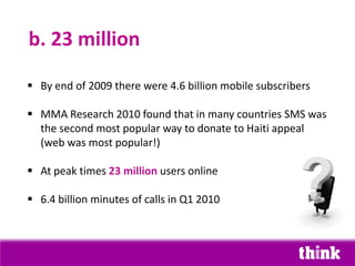 c. Malaysia
 b. 23 million

 By end of 2009 there were 4.6 billion mobile subscribers

 MMA Research 2010 found that in many countries SMS was
  the second most popular way to donate to Haiti appeal
  (web was most popular!)

 At peak times 23 million users online

 6.4 billion minutes of calls in Q1 2010
 
