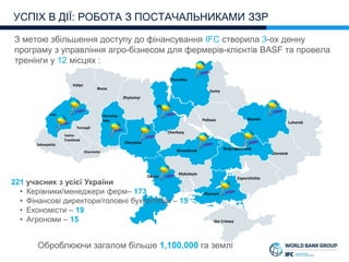 З метою збільшення доступу до фінансування IFC створила 3-ох денну
програму з управління агро-бізнесом для фермерів-клієнтів BASF та провела
тренінги у 12 місцях :
УСПІХ В ДІЇ: РОБОТА З ПОСТАЧАЛЬНИКАМИ ЗЗР
Kharkiv
Kherson
Khmelny-
tsky
Dnipropetrovsk
Donetsk
Ivano-
Frankivsk
Kirovohrad
the Crimea
Kyiv
Luhansk
Lviv
Mykolayiv
Odesa
Poltava
Sumy
Rivne
Chernihiv
Zakarpattia
Zaporizhzhia
Zhytomyr
Ternopil
Cherkasy
Chernivtsi
Vinnytsia
Volyn
221 учасник з усієї України
• Керівники/менеджери ферм– 173
• Фінансові директори/головні бухгалтери – 15
• Економісти – 19
• Агрономи – 15
Оброблюючи загалом більше 1,100,000 га землі
 