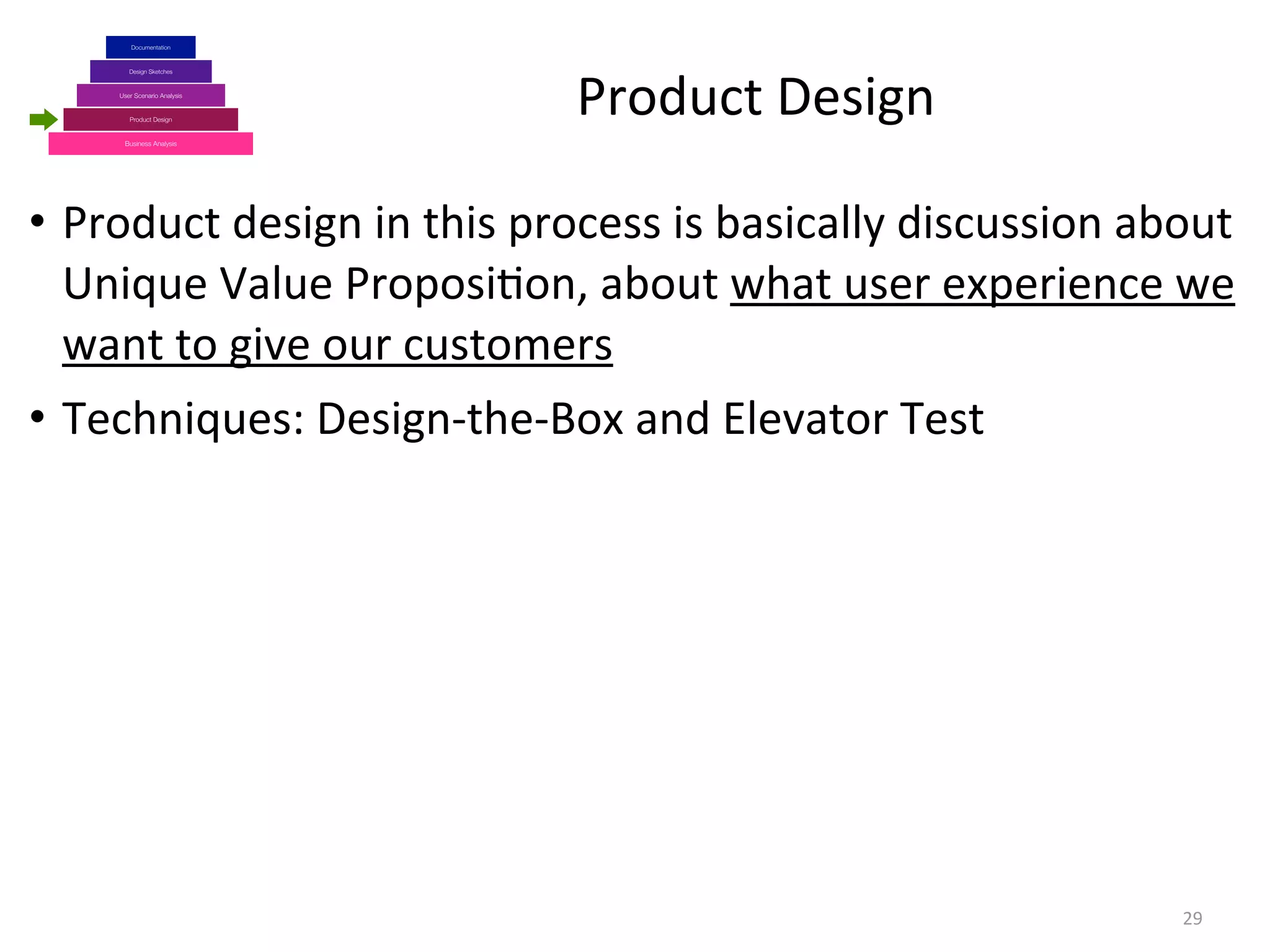 Business Analysis
Product Design
Design Sketches
User Scenario Analysis
Documentation
Product	
  Design
29
• Product	
  design	
  in	
  this	
  process	
  is	
  basically	
  discussion	
  about	
  
Unique	
  Value	
  Proposi(on,	
  about	
  what	
  user	
  experience	
  we	
  
want	
  to	
  give	
  our	
  customers
• Techniques:	
  Design-­‐the-­‐Box	
  and	
  Elevator	
  Test
 