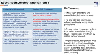 Erstwhile ECB Framework Revised ECB Framework
TRACK I: International banks,
International Capital markets,
Multilateral Financial Institutions,
Export Credit Agencies,
Suppliers of equipment, Foreign
equity holders, Overseas Long Term
investors, Overseas branches /
subsidiaries of Indian banks
•The lender should be resident of
FAFT or IOCSO Country.
•Multilateral and Regional Financial
Institutions where India is a member
country will also be considered as
recognized lenders.
• Individuals as lenders can only be
permitted if they are foreign equity
holders or for subscription to
bonds/debentures listed abroad.
•Foreign branches / subsidiaries of
Indian banks are permitted as
recognized lenders only for FCY
ECB.
TRACK II: All entities listed under
Track I except overseas branches /
subsidiaries of Indian banks.
TRACK III: All entities listed under
Track I except overseas branches /
subsidiaries of Indian banks.
Key Takeaways:
 Major push for lenders, who
wanted to lend in foreign currency.
PE and VCF can lend monies
without mandatorily having equity
participation.
Foreign parent companies can lend
to its Indian subsidiaries through
RDBs- Restriction on investment by
related parties removed.
Angel investors, foreigners or PIOs
investing in individual capacities in
Indian ventures, holding 25% of the
equity- can lend to these companies,
instead of capitalizing through an
additional equity.
Recognised Lenders- who can lend?
 