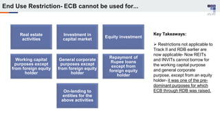Real estate
activities
Investment in
capital market
Equity investment
Working capital
purposes except
from foreign equity
holder
General corporate
purposes except
from foreign equity
holder
Repayment of
Rupee loans
except from
foreign equity
holder
On-lending to
entities for the
above activities
Key Takeaways:
 Restrictions not applicable to
Track II and RDB earlier are
now applicable- Now REITs
and INVITs cannot borrow for
the working capital purpose
and general corporate
purpose, except from an equity
holder- it was one of the pre-
dominant purposes for which
ECB through RDB was raised.
End Use Restriction- ECB cannot be used for...
 