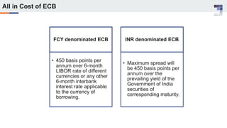 All in Cost of ECB
FCY denominated ECB
• 450 basis points per
annum over 6-month
LIBOR rate of different
currencies or any other
6-month interbank
interest rate applicable
to the currency of
borrowing.
INR denominated ECB
• Maximum spread will
be 450 basis points per
annum over the
prevailing yield of the
Government of India
securities of
corresponding maturity.
 