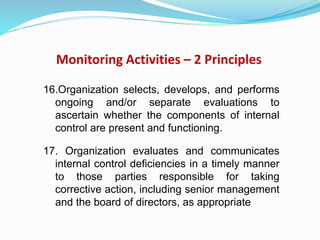 Monitoring Activities – 2 Principles
16.Organization selects, develops, and performs
ongoing and/or separate evaluations to
ascertain whether the components of internal
control are present and functioning.
17. Organization evaluates and communicates
internal control deficiencies in a timely manner
to those parties responsible for taking
corrective action, including senior management
and the board of directors, as appropriate
 