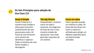 Os Seis Princípios para adoção de
Use-Case 2.0
Keep it Simple
Contar histórias é a
maneira mais simples e
eficaz para transmitir
conhecimento de uma
pessoa para outra. Os
Casos de Uso fornecem
uma maneira de
identificar e capturar
todas as histórias de uma
forma simples e
abrangente
The big Picture
Compreender o sistema
como um todo é
essencial. Um diagrama
de Caso de Uso é uma
maneira simples de
apresentar uma visão
geral dos requisitos de
um sistema
Focus on value
Valor é gerado quando
um sistema é usado. Os
Casos de Uso focam em
como o sistema é
utilizado para atingir um
objetivo específico para
um determinado
utilizador.
[JACOBSON et al, 2016]
 