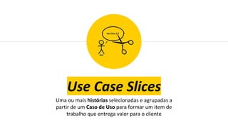 Use Case Slices
Uma ou mais histórias selecionadas e agrupadas a
partir de um Caso de Uso para formar um item de
trabalho que entrega valor para o cliente
 