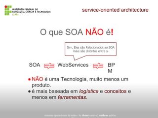 service-oriented architecture
sistemas operacionais de redes - by thuan saraiva | matheus paixão
O que SOA NÃO é!
SOA WebServices BP
M
Sim, Eles são Relacionados ao SOA
mais são distintos entre si
●NÃO é uma Tecnologia, muito menos um
produto.
●é mais baseada em logística e conceitos e
menos em ferramentas.
 
