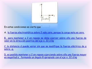 En estas condiciones es cierto que
A. la fuerza electrostática sobre 2 vale cero, porque la carga neta es cero.
B. para mantener a 2 en reposo se debe ejercer sobre ella una fuerza de
valor en la dirección positiva del eje x. 22 d kq
C. la distancia d puede variar sin que se modifique la fuerza eléctrica de q
sobre -q.
D. es posible mantener a 2 en reposo ejerciendo sobre ella una fuerza mayor
en magnitud a , formando un ángulo θ apropiado con el eje x. 22 d kq

 