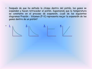 •

Después de que ha saltado la chispa dentro del pistón, los gases se
expanden y hacen retroceder el pistón. Suponiendo que la temperatura
es constante en el proceso de expansión, ¿cuál de los siguientes
diagramas Presión - Volumen (P-V) representa mejor la expansión de los
gases dentro de un pistón?

•

1

2.

3.

4.

 